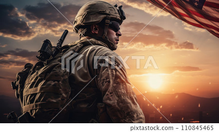American Soldier in Contemplation at Sunset. Generative AI American Soldier in Contemplation at Sunset. Generative AI 110845465