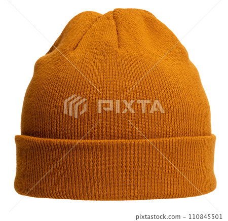Mustard Yellow Knit Beanie Isolated on White 110845501