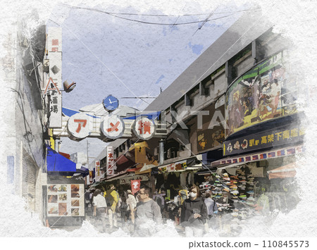 Watercolor style Ueno Ameyoko shopping street Taito-ku, Tokyo 110845573