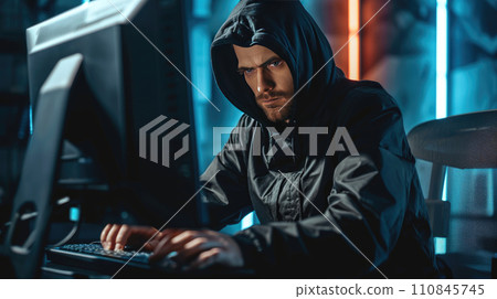 Hacker in a dark hoody sitting in front of a computer Hacker in a dark hoody sitting in front of a computer 110845745