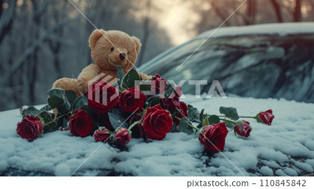 Teddy Bear and Roses on a car roof Teddy Bear and Roses on a car roof 110845842