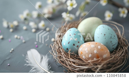 Rustic Nest with Speckled Easter Eggs and Feathers 110845858