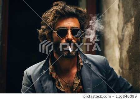 Styled Man with Cigarette in Moody Lighting. Generative AI 110846099