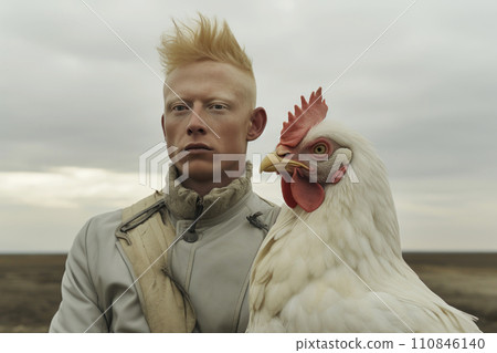 Surreal Twins. Albino Man with Rooster. Generative AI 110846140