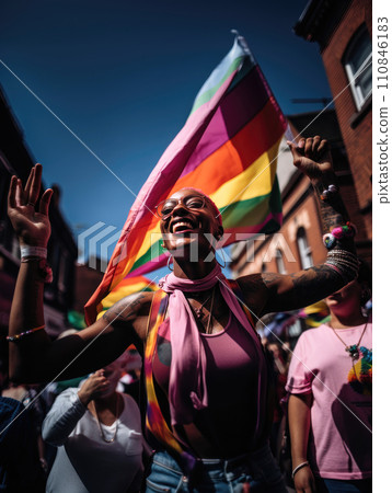 Joyful Woman at Colorful Pride Parade. Generative AI 110846183