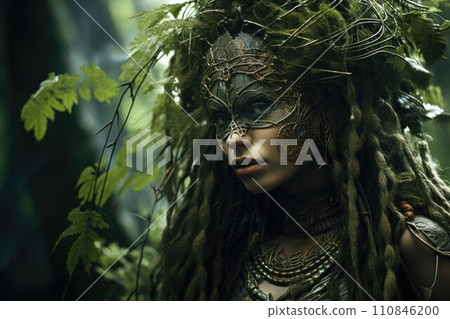 Mystical Forest Goddess with Ornate Mask. Generative AI Mystical Forest Goddess with Ornate Mask. Generative AI 110846200