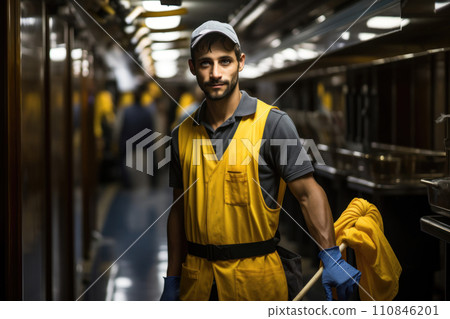 Professional Cleaner in Yellow Uniform with Gloves. Generative AI 110846201