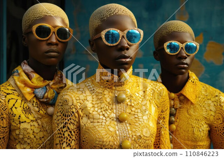 Fashion Models in Yellow Textured Attire. Generative AI Fashion Models in Yellow Textured Attire. Generative AI 110846223