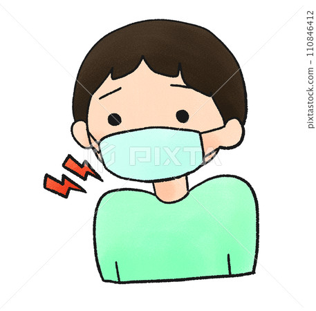 Hand-drawn illustration of a boy with a sore throat wearing a mask with a sore throat Hand-drawn illustration of a boy with a sore throat wearing a mask with a sore throat 110846412