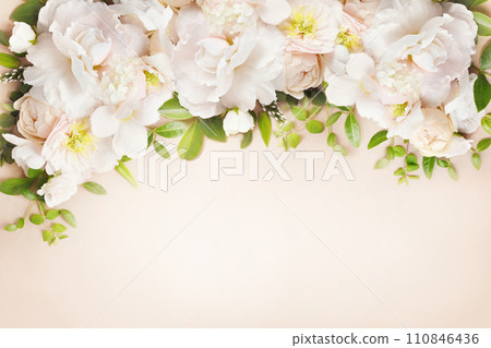 Delicate blooming festive begonia flowers and pink summer roses, blossoming rose flower soft pastel background, bouquet floral card, selective focus	 110846436