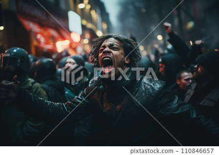 Fervent Protester Yelling in Urban Riot. Generative AI 110846657