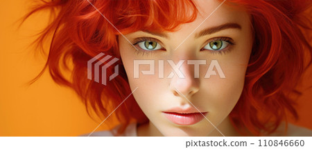 Woman with red hair and a natural gaze. Generative AI 110846660