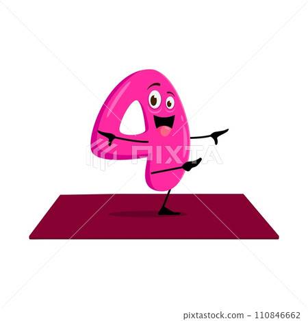 Cartoon math number four character on yoga fitness sport. Isolated vector cheerful numeric mathematical 4 personage demonstrating asana poses, making learning arithmetic fun and engaging for children 110846662