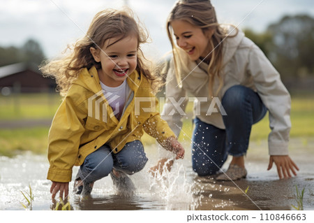 Young Girl Splashing Water with Sister Outdoors. Generative AI 110846663