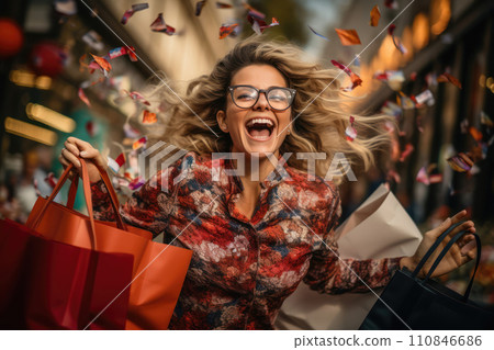 happy woman with curly hair holding shopping bags. Generative AI happy woman with curly hair holding shopping bags. Generative AI 110846686