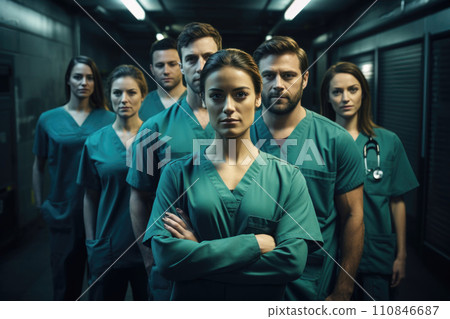 Determined Medical Team in Hospital Corridor. Generative AI Determined Medical Team in Hospital Corridor. Generative AI 110846687