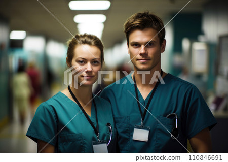 Confident Medical Duo in Hospital Corridor. Generative AI 110846691