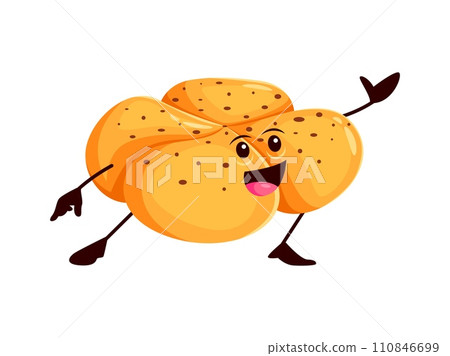Cartoon funny bread and bakery character. Isolated vector sizzling, golden-brown hot cross bun personage with a mischievous smile, playful eyes and raisin peek out, tempting with warm deliciousness Cartoon funny bread and bakery character. Isolated vector sizzling, golden-brown hot cross bun personage with a mischievous smile, playful eyes and raisin peek out, tempting with warm deliciousness 110846699