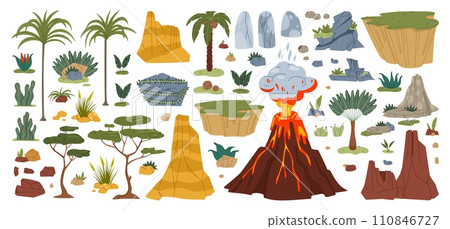 Jungle and jurassic dinosaur era environment game asset. Plants and trees, rock and volcano, stones and palms isolated prehistoric natural cartoon vector objects and graphic surrounding elements set Jungle and jurassic dinosaur era environment game asset. Plants and trees, rock and volcano, stones and palms isolated prehistoric natural cartoon vector objects and graphic surrounding elements set 110846727