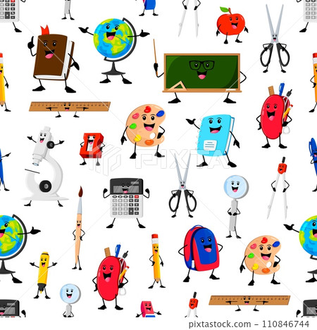 Cheerful funny school stationery characters seamless pattern. Vector tile with cartoon pencil case, calculator, microscope, pen or scissors. Globe, ruler, paint palette and blackboard, textbook or bag Cheerful funny school stationery characters seamless pattern. Vector tile with cartoon pencil case, calculator, microscope, pen or scissors. Globe, ruler, paint palette and blackboard, textbook or bag 110846744
