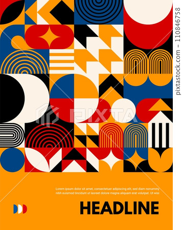 Modern abstract poster with geometric Bauhaus pattern. Vector contemporary background featuring a vibrant orange, red, blue and white colors, showcasing modern design principles with a dynamic fusion Modern abstract poster with geometric Bauhaus pattern. Vector contemporary background featuring a vibrant orange, red, blue and white colors, showcasing modern design principles with a dynamic fusion 110846758