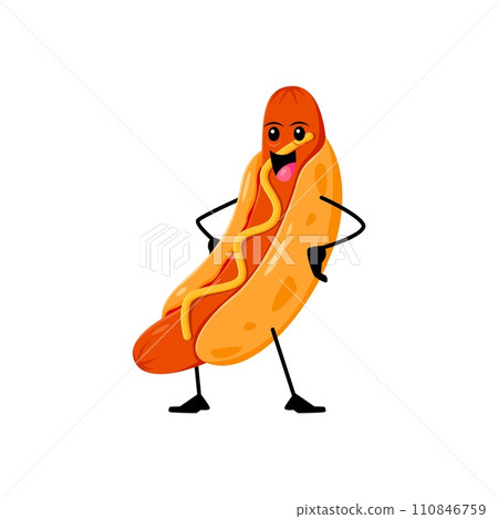 Cartoon cheerful hot dog funny takeaway fast food character with a smiling face, mustard squiggle, and arms akimbo posture. Isolated vector appetizing street meal hotdog personage exuding joy and fun Cartoon cheerful hot dog funny takeaway fast food character with a smiling face, mustard squiggle, and arms akimbo posture. Isolated vector appetizing street meal hotdog personage exuding joy and fun 110846759