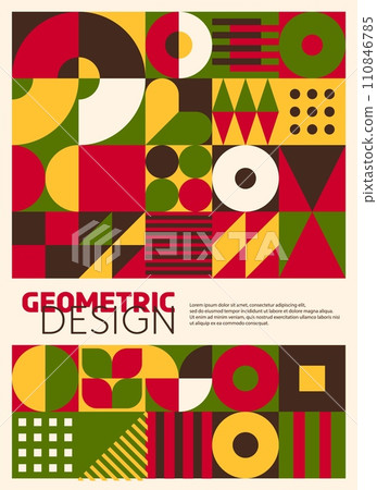Modern abstract poster with geometric bauhaus pattern in red, green, yellow, brown and white palette. Vector avant-garde composition with bold shapes and elements create a visually compelling design Modern abstract poster with geometric bauhaus pattern in red, green, yellow, brown and white palette. Vector avant-garde composition with bold shapes and elements create a visually compelling design 110846785