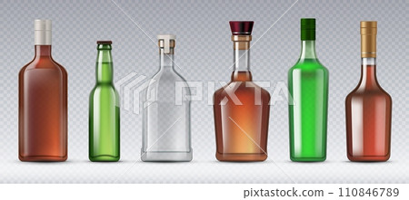 Realistic alcohol glass bottles. Scotch and beer, gin and bourbon, absinthe, brandy bottles. Vector containers designed to store and transport alcoholic beverages, preserving their quality and flavor 110846789