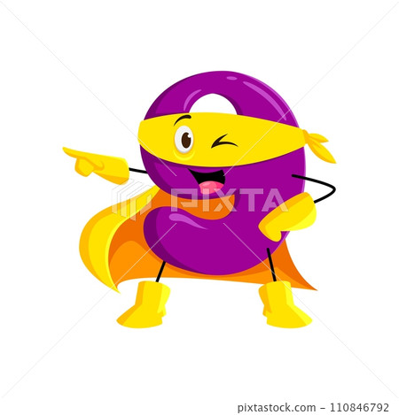 Cartoon math number nine superhero character wear yellow cape and mask. Isolated vector educational digit 9 defender school personage with a wink eyes and smiling mouth, ready to fight with ignorance Cartoon math number nine superhero character wear yellow cape and mask. Isolated vector educational digit 9 defender school personage with a wink eyes and smiling mouth, ready to fight with ignorance 110846792