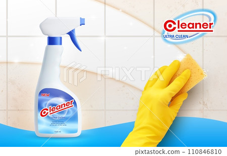 Tile cleaner 3d vector promo banner with hand in rubber glove rubs dirty tiled wall with specialized solution effectively remove grime, stains, and soap scum, restores shine and cleanliness to surface Tile cleaner 3d vector promo banner with hand in rubber glove rubs dirty tiled wall with specialized solution effectively remove grime, stains, and soap scum, restores shine and cleanliness to surface 110846810