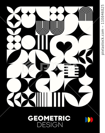 Modern monochrome abstract poster with geometric bauhaus pattern. Contemporary vector sleek cover exudes sophistication, creating visually striking design in captivating fusion of form and simplicity Modern monochrome abstract poster with geometric bauhaus pattern. Contemporary vector sleek cover exudes sophistication, creating visually striking design in captivating fusion of form and simplicity 110846825