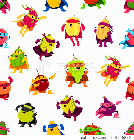 Cartoon fruit superhero and defender characters seamless pattern. Vector tile background with dragon or star fruit, durian, melon, grape. Pear, figs, mango, apple and bergamot, lychee, orange, feijoa 110846830