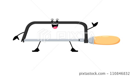 Cartoon funny hacksaw diy, building and repair tool character. Isolated vector mischievous instrument personage with happy a grin, sharp blade, and animated eyes, thrives on causing playful surprises 110846832