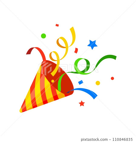 Birthday popper striped cone, holiday party firecracker with confetti and ribbon. Isolated cartoon vector cone-shaped shooter bursts into joyous confetti and stars, adding festive flair to celebration 110846835