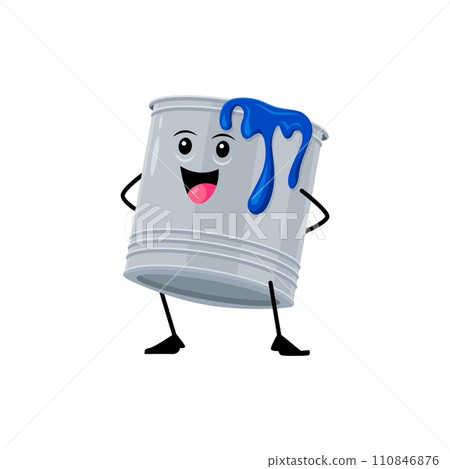 Cartoon funny paint bucket diy, building and repair tool character. Isolated vector personage with a cheerful face and dripping, ready for creative adventures, bright colors burst artistic vibrancy 110846876