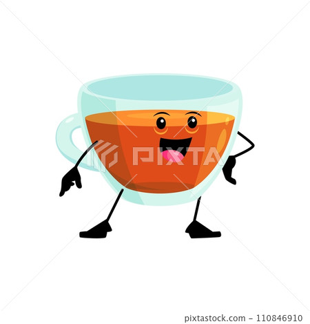 Cartoon cheerful tea cup breakfast character with a smiling face, and handle, exuding a welcoming and warm vibes. Isolated vector transparent glass mug personage inviting for cozy dining experience 110846910