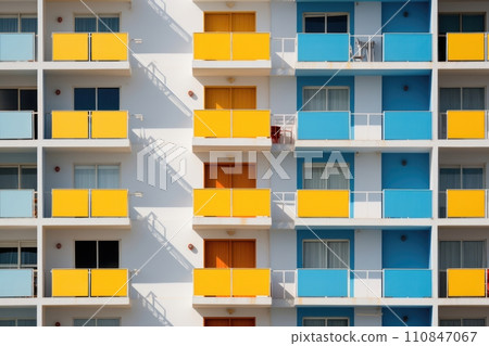 Colorful Balconies on Modern Apartment Building. Generative AI 110847067