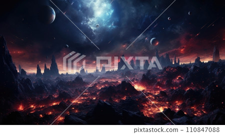 Vast Alien Landscape with Celestial Bodies. Generative AI 110847088