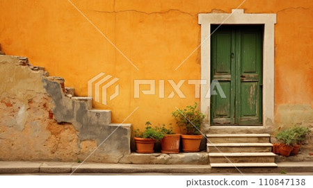 Rustic Tuscan Wall with Green Door and Steps. Generative AI Rustic Tuscan Wall with Green Door and Steps. Generative AI 110847138