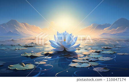 Serene Water Lily on Tranquil Lake at Dawn. Generative AI Serene Water Lily on Tranquil Lake at Dawn. Generative AI 110847174
