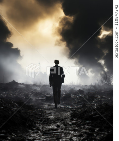 Businessman calmly walks towards an inferno. Generative AI 110847242