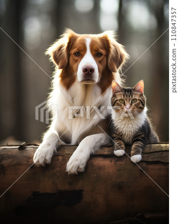 Tranquil Dog and Cat Duo in Forest Light. Generative AI 110847357