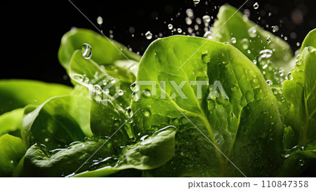Fresh Green Lettuce Leaves Splashed with Water. Generative AI 110847358