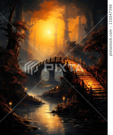 Mystical Sunrise over Enchanted Forest Bridge. Generative AI Mystical Sunrise over Enchanted Forest Bridge. Generative AI 110847398