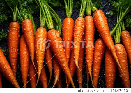 Fresh Carrots with Waterdrops Top View. Generative AI 110847410