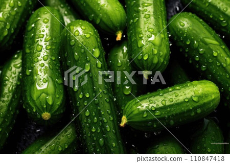 Fresh cucumbers with sparkling waterdrops. Generative AI Fresh cucumbers with sparkling waterdrops. Generative AI 110847418