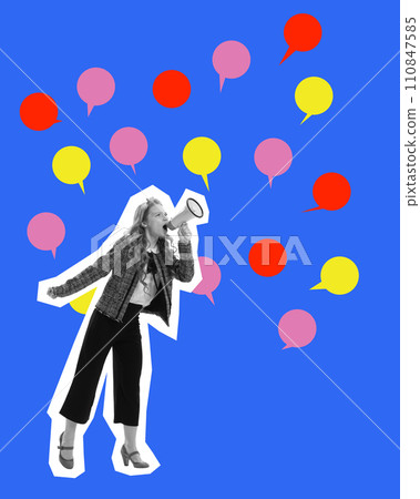 Campaign image for a public speaking course, emphasizing voice projection and confidence. Contemporary art collage. 110847585