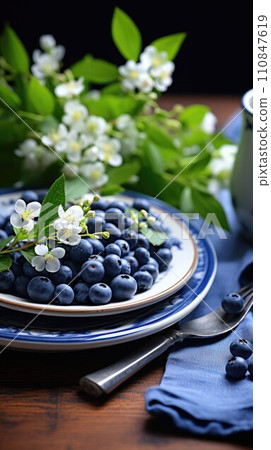 Fresh Blueberries on Decorative Blue Plate. Generative AI 110847619