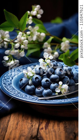 Fresh Blueberries on Decorative Blue Plate. Generative AI 110847621