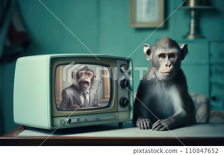 Brainwashing monkey is watching TV. Generative AI 110847652